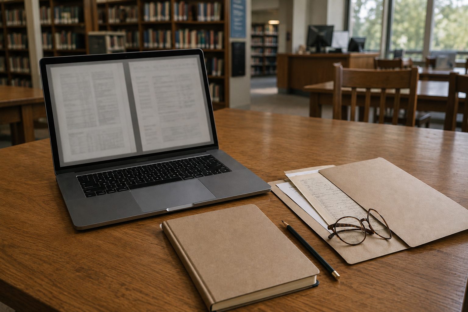 A laptop showing a scanned record book on a library reading room table, beside a notebook, pencil, reading glasses and an archive folder