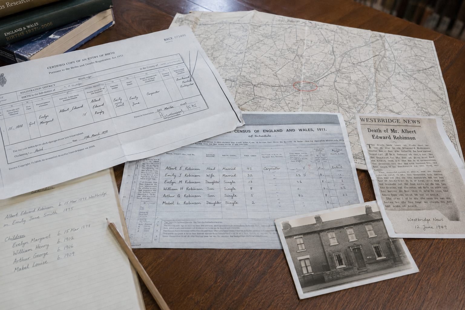 A birth certificate, a 1911 census schedule for the Robinson household, an ordnance survey map, a newspaper obituary and a photograph of a terraced house laid out on a desk