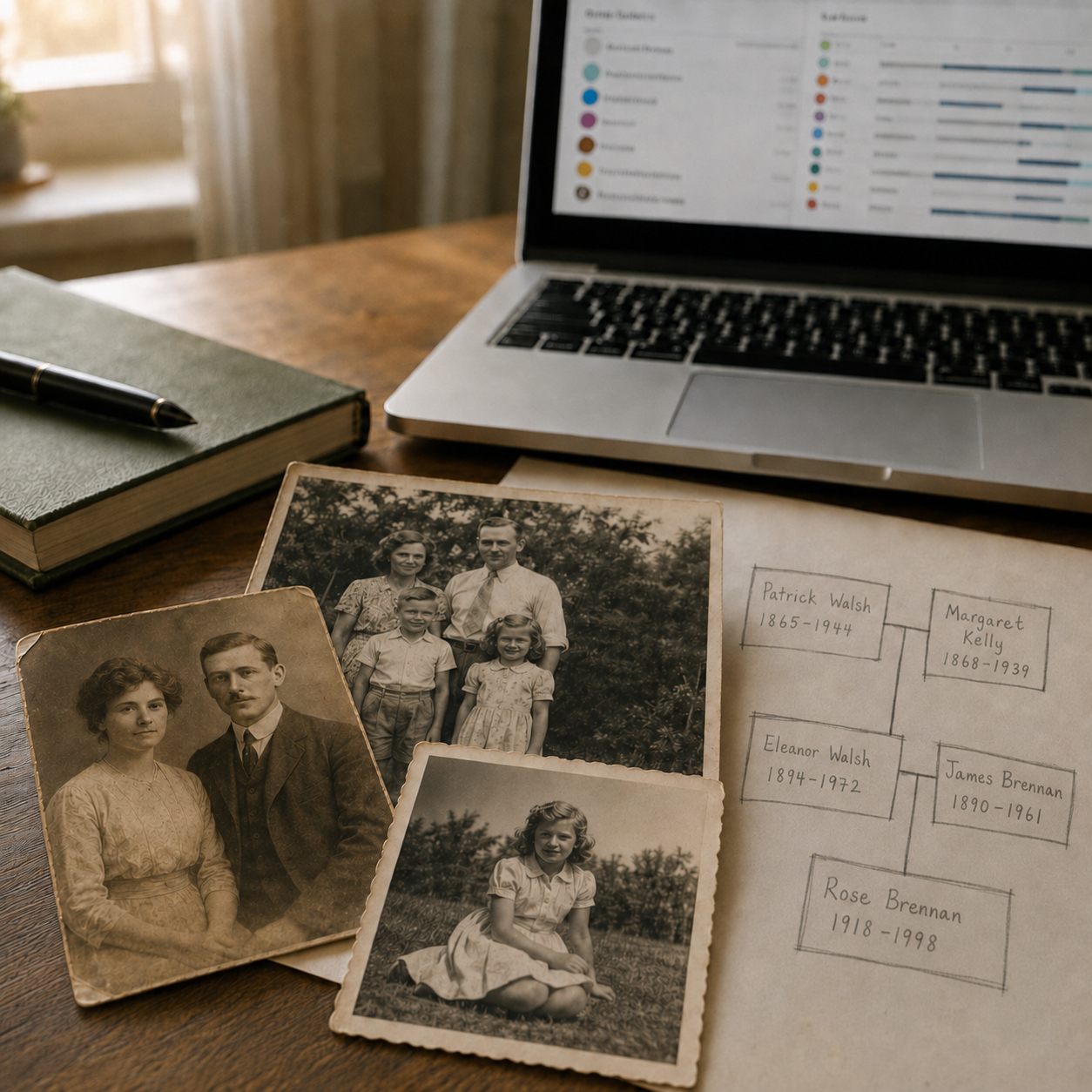 Old family photographs and a handwritten family tree on a desk beside a laptop showing DNA match results